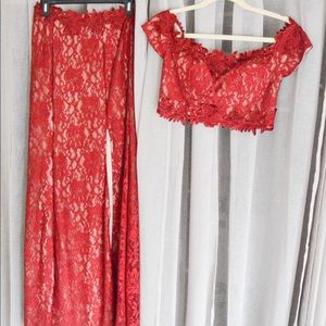 Red Two-Piece Lace Prom Dress